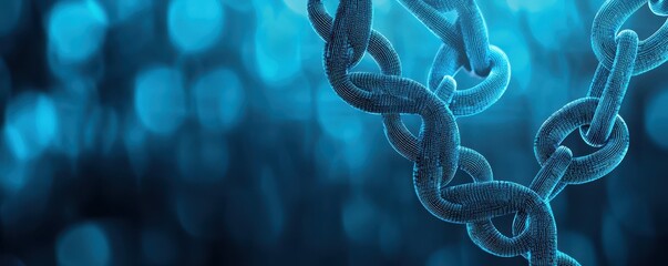 Poster - A close-up of a metallic chain against a blurred blue background, highlighting its texture and intricate links.