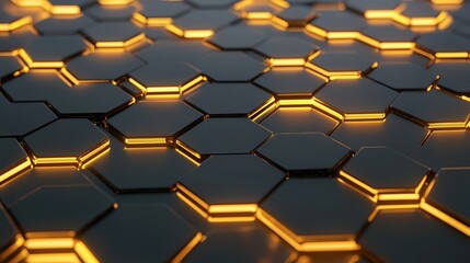 Poster - A close-up view of a sleek, hexagonal pattern illuminated with a warm golden glow, creating a modern and futuristic design.
