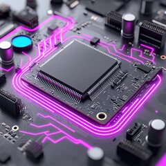 Poster - Futuristic Circuit Board with Processor and Neon Glow Effects