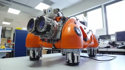 Fototapete - Orange Robotic Explorer with Dual Cameras in Modern Laboratory Setting