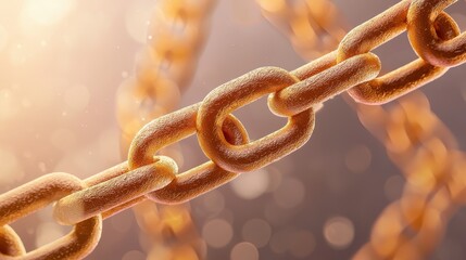 Poster - A close-up view of a metallic chain glistening in warm light, emphasizing its texture and strength against a blurred background.