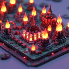 Poster - Illuminated Circuit Board with Glowing Towers and Colorful Lights