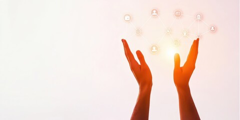 Poster - Two hands reaching up with light and floating icons, symbolizing hope, connection, and positivity in a minimalistic design.