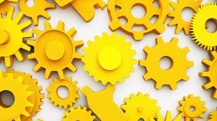 Poster - Bright Yellow Gears and Cogs on a Light Background for Design Use