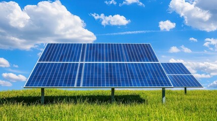 Poster - Solar panels stand in a green field under a bright blue sky with fluffy clouds, symbolizing renewable energy and sustainability.