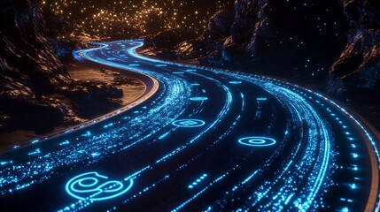 Aufkleber - Futuristic glowing road with blue neon lights in a dark rocky landscape under a star lit sky