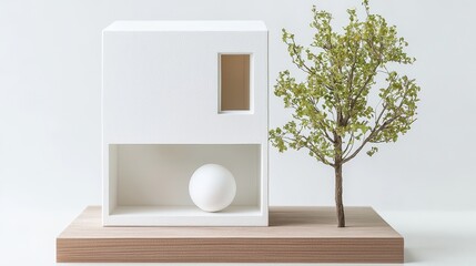 Poster - Minimalist Model of House with Tree and Sphere on Wooden Base
