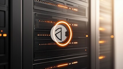 Poster - Modern Server Rack with Glowing LED Indicators and Logo Emblem