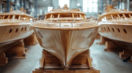 Poster - sleek wooden boats lined up in a spacious workshop, showcasing craftsmanship and design
