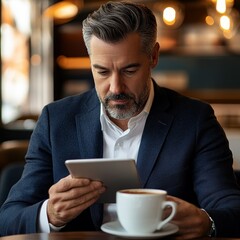 Poster - A man in a suit is sitting at a table with a tablet and a cup of coffee