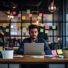 Poster - A man is sitting at a desk with a laptop and a bunch of sticky notes on the wall