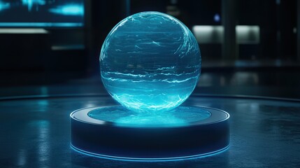 Poster - Futuristic Blue Energy Sphere on Display in Modern Setting