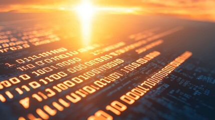 Fototapete - Glowing Binary Code on Digital Surface During Sunset Time