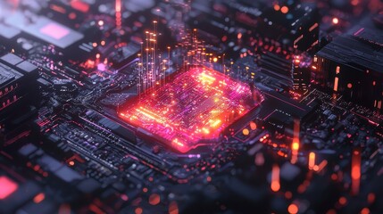 Fototapete - Futuristic Circuit Board with Glowing Patterns and Neon Lights