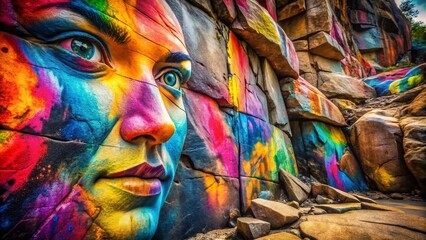 Poster - Vintage Spray Paint Art on Natural Rock Face - Grunge Texture Stock Photo