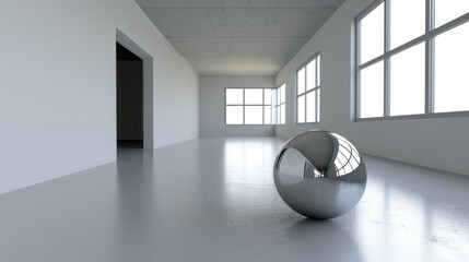 Poster - Modern Minimalist Interior with Reflective Sphere and Large Windows