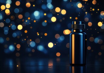 Poster - Elegant Black Bottle Against Soft Bokeh Background with Soft Glowing Lights and Reflections, Ideal for Beauty or Health Product Presentation