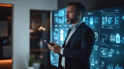Poster - A man in a suit holding a cell phone in front of a wall of computer screens