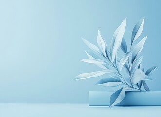 Poster - Elegant Blue Background with Soft Leaves Displaying Natural Beauty and Serenity in a Minimalist Artistic Composition for Modern Spaces