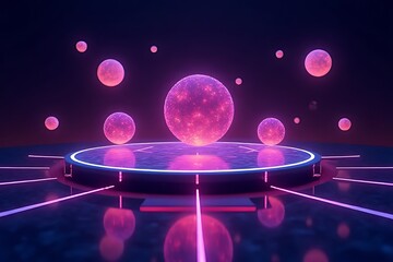 Fototapete - Dynamic digital sphere display virtual studio 3d visualization futuristic environment aerial view abstract concept