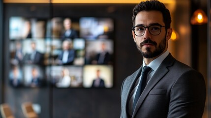 Poster - A man in a suit stands in front of a wall of pictures
