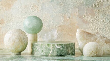 Poster - Abstract still life with polished stones, light beige and mint green tones. Display piece, home d?cor