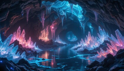 Poster - Ethereal Crystal Cave with Glowing Ice and Reflections in Water