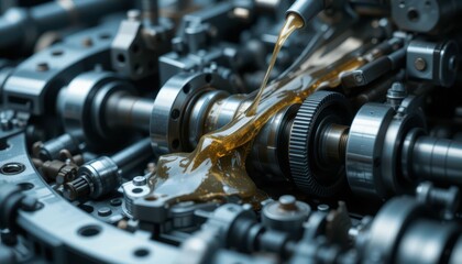 Poster - Close-Up View of Machinery with Oil Flowing Over Metal Components