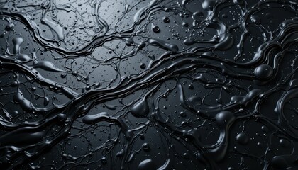 Poster - Black Liquid Surface with Unique Patterns and Droplets of Water