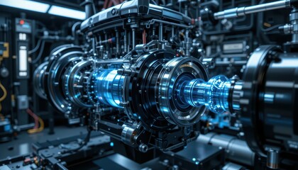 Poster - Futuristic Machinery with Glowing Elements in a Technology Workshop