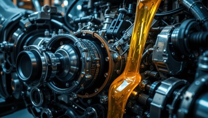 Poster - Detailed Close-Up of Complex Engine Components with Oil Flow