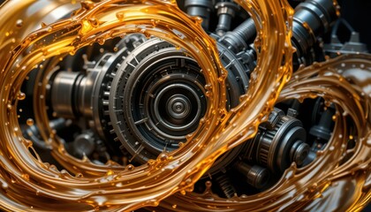Poster - Metallic Gears Surrounded by Flowing Golden Liquid in Abstract Design