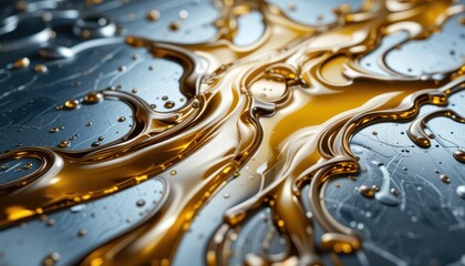 Poster - Golden Liquid Flowing on Silver Surface with Droplets and Waves