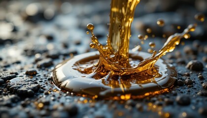 Poster - Golden Liquid Splash Creating Ripples on Dark Surface in Nature