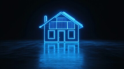 Fototapete - Neon blue outline of a house glowing in a dark environment with reflective floor