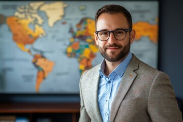 Poster - A man in a suit and glasses is smiling in front of a large world map