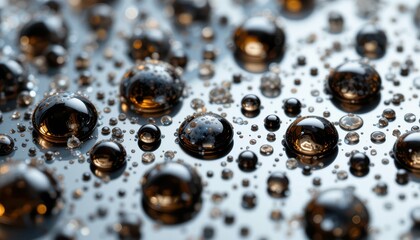 Poster - Close-up of Droplets on a Reflective Surface with Dark Tones