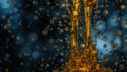 Poster - Golden Liquid Splash with Bokeh Effect and Sparkling Droplets