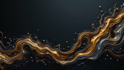 Poster - Abstract Flowing Waves of Gold and Silver on Dark Background