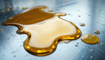 Poster - Golden Liquid on Metallic Surface with Droplets and Reflections