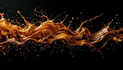 Poster - Golden Liquid Wave with Splashes on Black Background in Motion