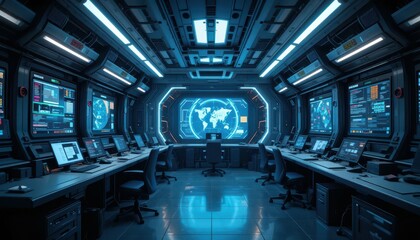 Poster - Futuristic Control Room with Screens and Global Map Display