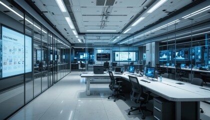 Poster - Modern Office Environment with Glass Walls and High-Tech Equipment