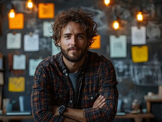 Poster - Vibrant Portrait of an Innovative Entrepreneur in a Modern Coworking Space with Glowing Tablets and Design Sketches
