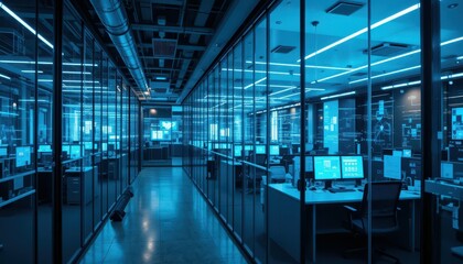 Poster - Modern Office Space With High-Tech Workstations and Glass Walls