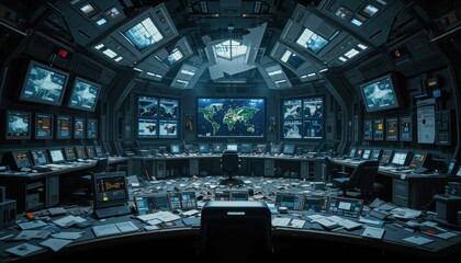 Poster - High-Tech Command Center with Screens and Papers in Dark Environment