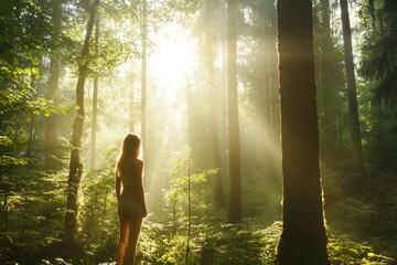 Poster - Ethereal Forest Light with Young Woman Silhouette in Nature