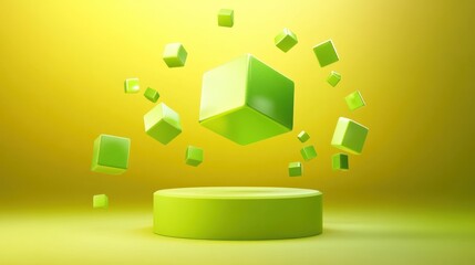 Poster - Abstract 3D render, floating green cubes on yellow podium.  Visual display of modern product presentation