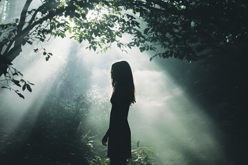 Poster - Woman Silhouette in Misty Forest with Soft Light Rays Shining
