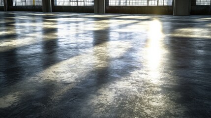 Poster - sunlight streaming through windows onto a polished concrete floor in an industrial space